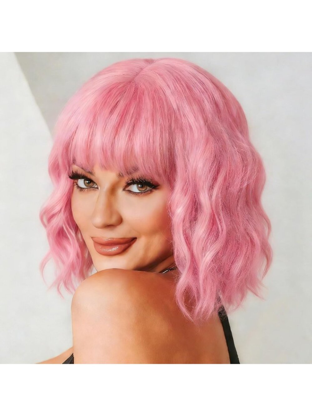 Women's Pink 14 Inch Short Shoulder Length Synthetic Bangs Wavy Bob Wig